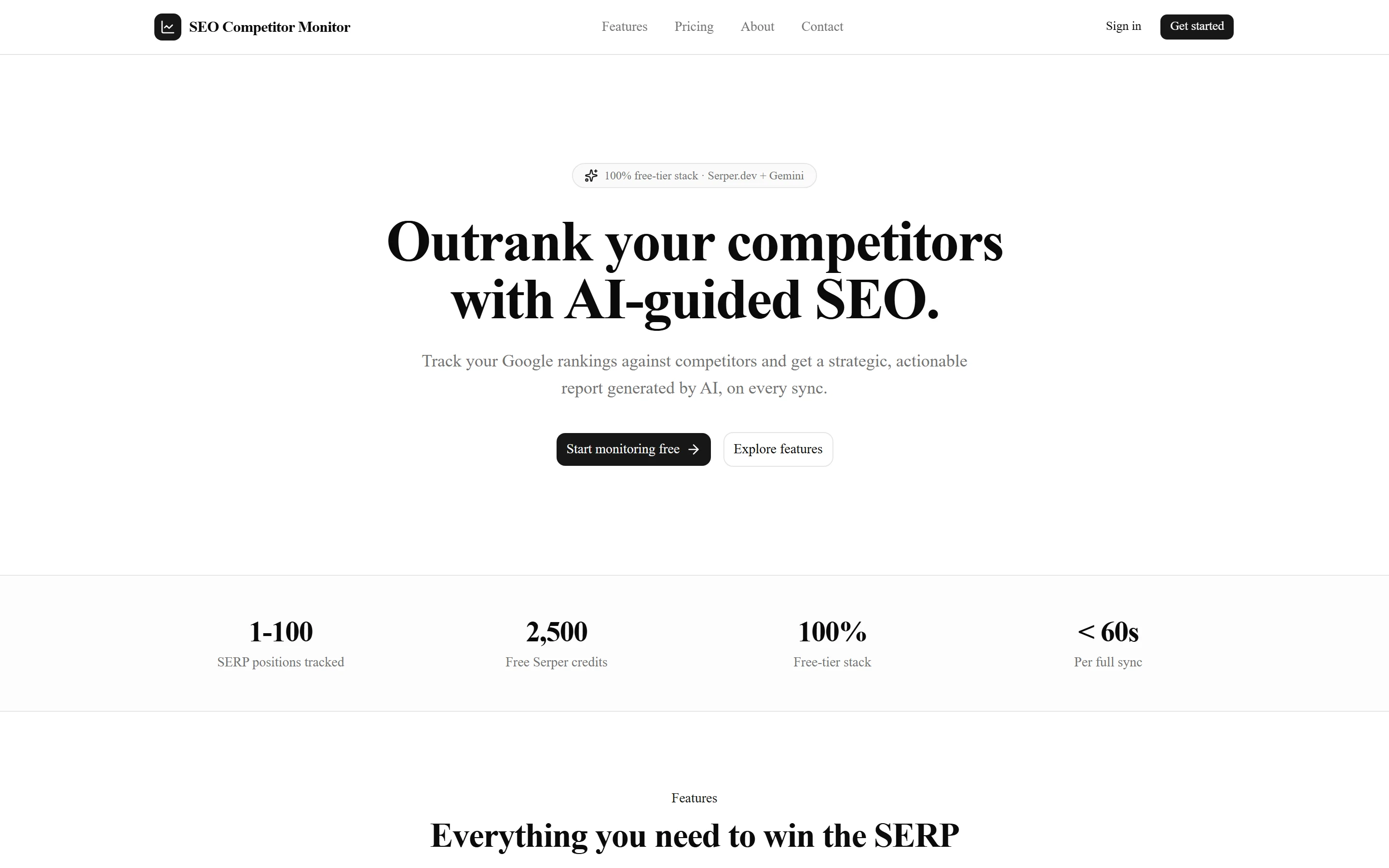 SEO Competitor Monitor landing and product UI