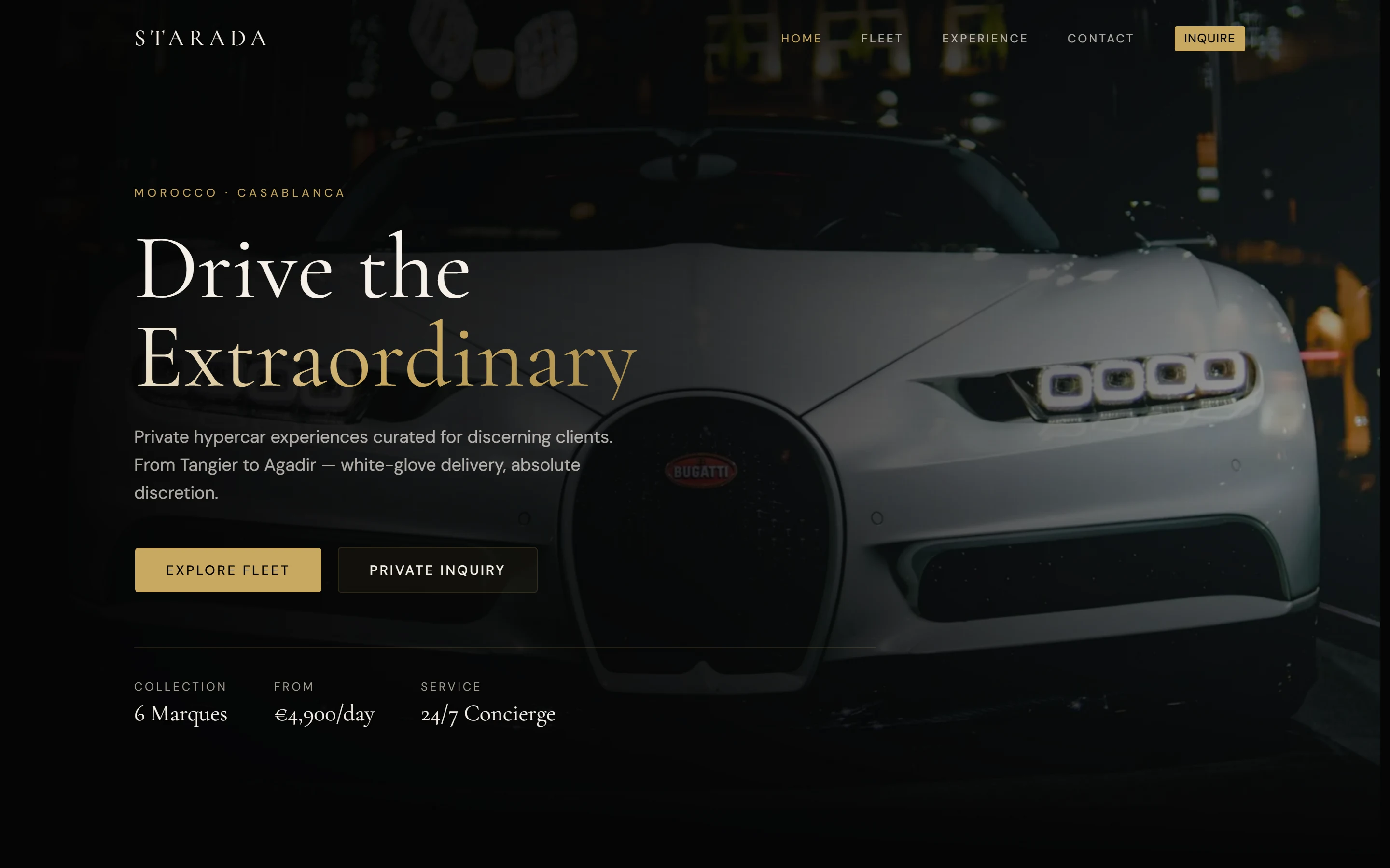 STARADA cinematic homepage hero with Bugatti Chiron