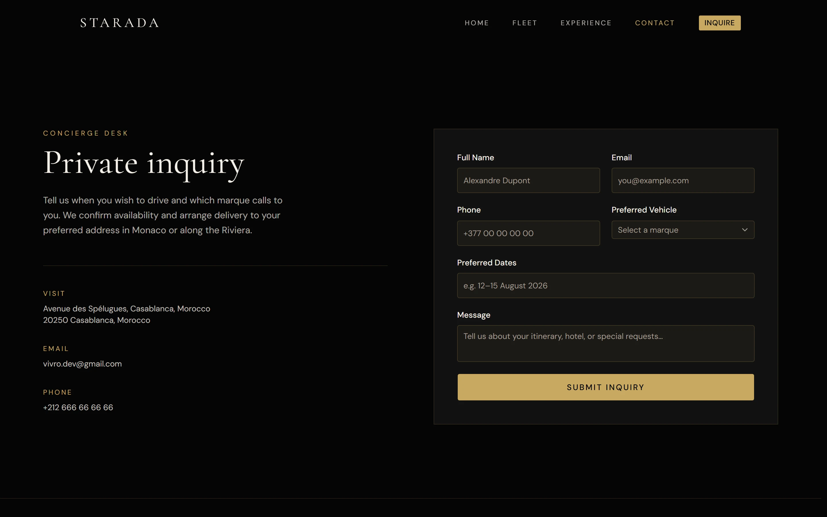 STARADA private inquiry contact form